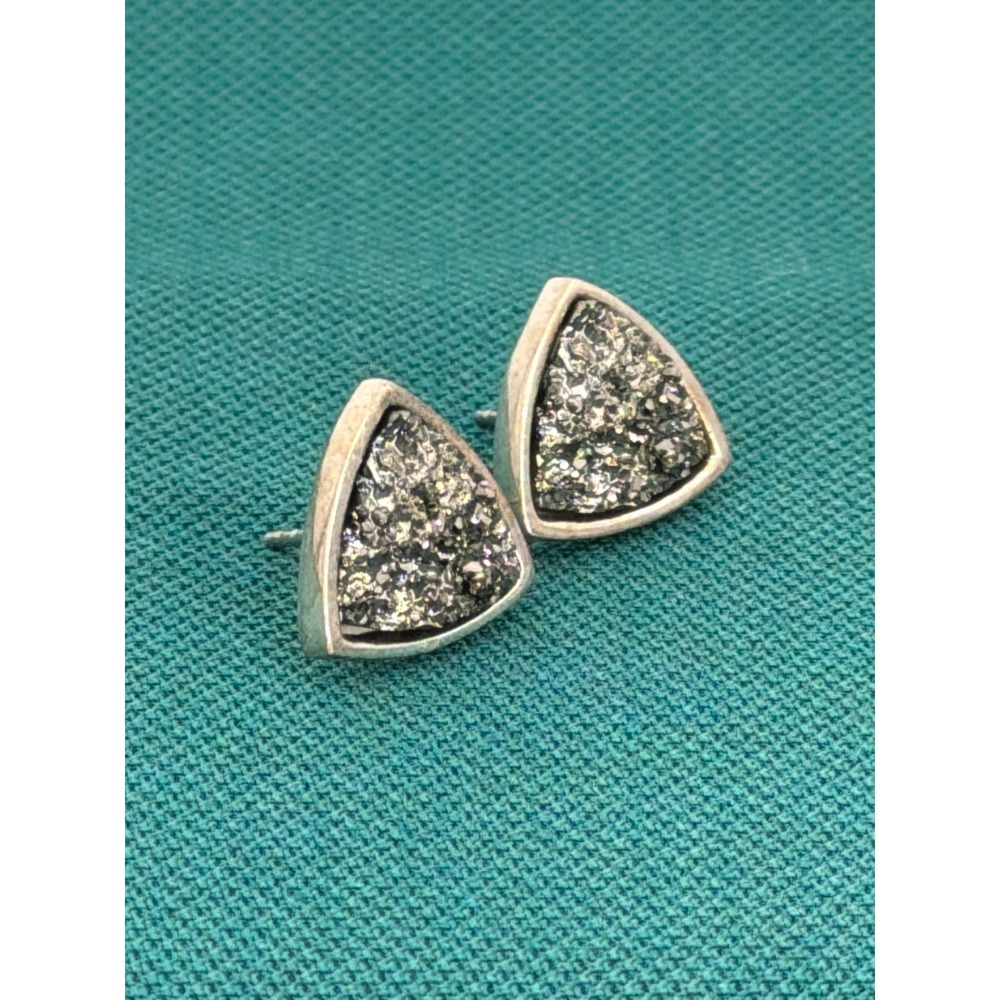 Sterling Silver 925 Triangular Druzy Stud Earrings Metallic‎ Grey Crystalline